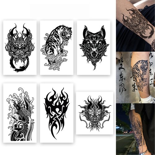 INKARTLINK Tattoo Tech, 6 Sheets Semi Permanent Tattoo, Adult Art Design Temporary Tattoos, Lasts 1-2 Weeks, Waterproof, Realistic Look, No Adhesive, No Reflection (Koi, Suan Ni, Flame Totem Design)