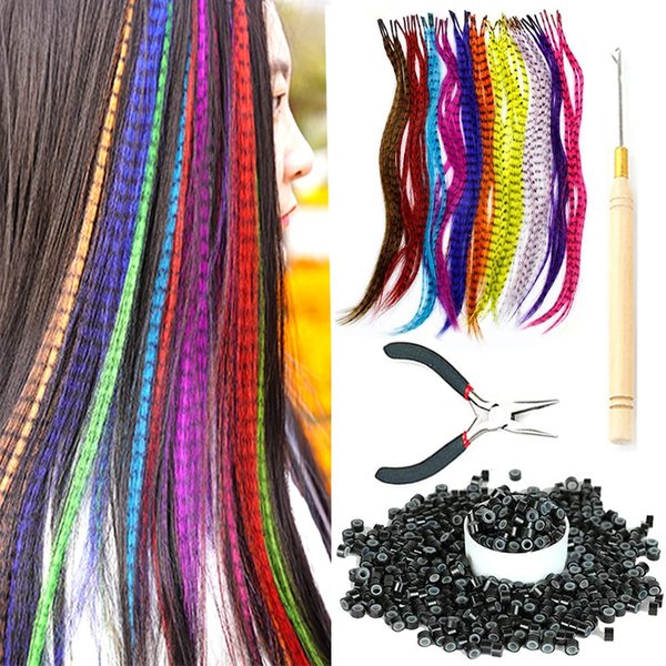 SHUOHAN 60 Pcs Mixed Color Synthetic Feather Hair Extensions Kit With 100 Pcs Micro Silicone Hair Beads 1 Crochet Hooks and 1 Pcs Kit Pliers