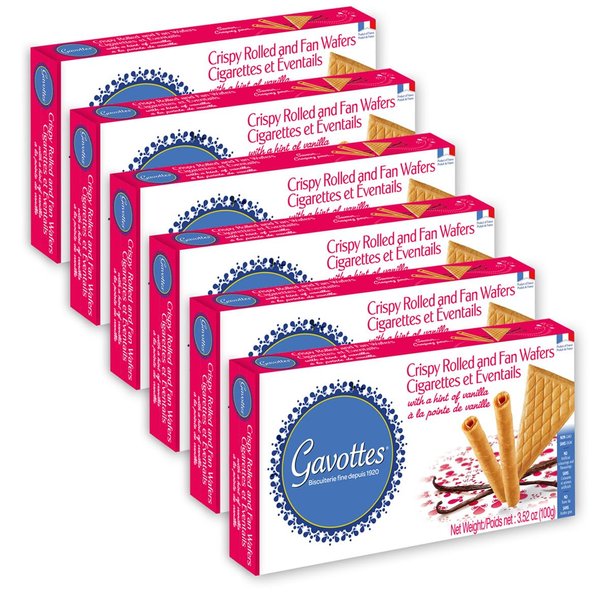 Gavottes Ice Cream Wafer Cookies 100g - Wafer Rolls & Fan Wafers 6 Box MultiPack | Crisp & Crunchy Wafer Thins, Made in France by Gavottes | 6 boxes of 20 French Gaufrettes (6 x 100g/3.52oz)