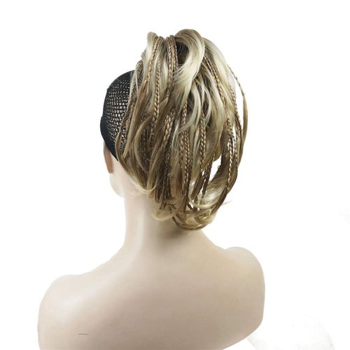 Wiginway Braid Messy Style Ponytail Hair Extension Handmade Synthetic Hair-Piece with Jaw Claw Clip (Blonde with Highlights)