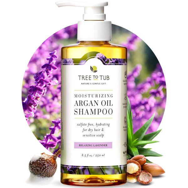 Tree to Tub Lavender Dry Hair Shampoo for Sensitive Scalp - Gentle Hydrating Dry Scalp Shampoo for Women & Men, Moisturizing Sulfate Free Shampoo w/Organic Argan Oil, Chamomile, All Natural Aloe Vera