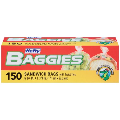 Hefty Baggies Food Storage Bags, Sandwich, Twist Tie, 150 Count