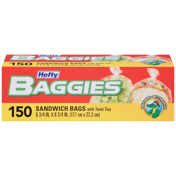 Hefty Baggies Food Storage Bags, Sandwich, Twist Tie, 150 Count