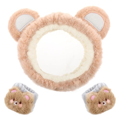 WLLHYF 3 Pieces Face Wash Headband and Wristband Set, Cute Bear Ears Spa Headband Makeup Skincare Hair Band Towels Wrist Bands Facial Head Wraps Wrist Scrunchies for Women Girls