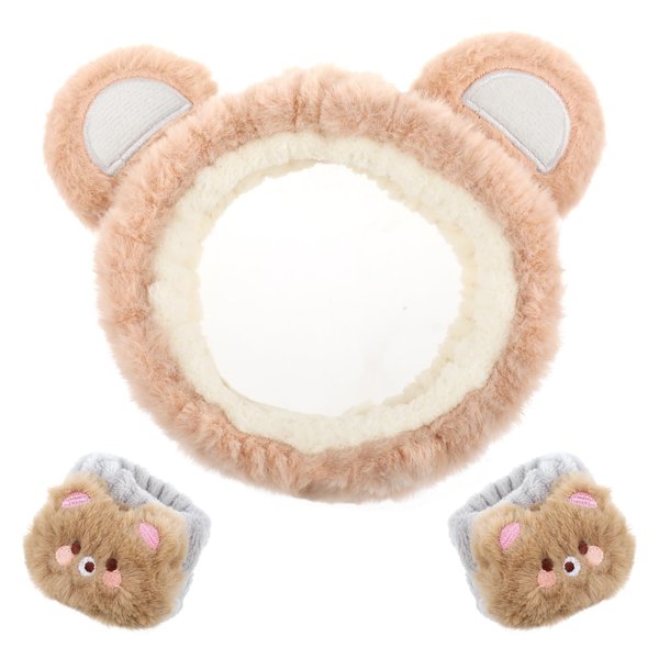 WLLHYF 3 Pieces Face Wash Headband and Wristband Set, Cute Bear Ears Spa Headband Makeup Skincare Hair Band Towels Wrist Bands Facial Head Wraps Wrist Scrunchies for Women Girls