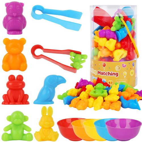 MCPINKY 43PCS Counting Animals Matching Games for Toddlers, Color Sorting Toys with Bowls, Montessori Educational Sensory Toys for Boys and Girls, Preschool Learning Activities for Math