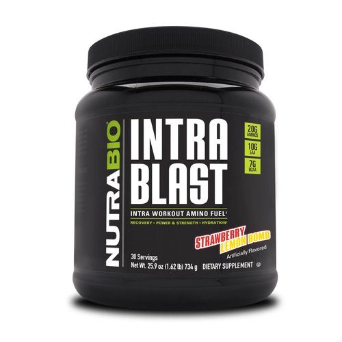 NutraBio Intra Blast BCAA EAA Electrolyte and Hydration Powder - Amino Acid Supplement, EAA/BCAA Powder - Non-GMO and Gluten Free - Strawberry Lemon Bomb - 30 Servings