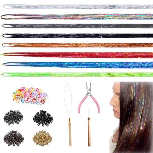 8 Colors Hair Tinsel Kit with Tools, VEINARDYL 47 Inch Hair Tinsel Extensions Fairy Hair Glitter Color Hair Tensile Sparkling Braiding Hair for Girls Women Halloween Cosplay Party - 1600 Strands