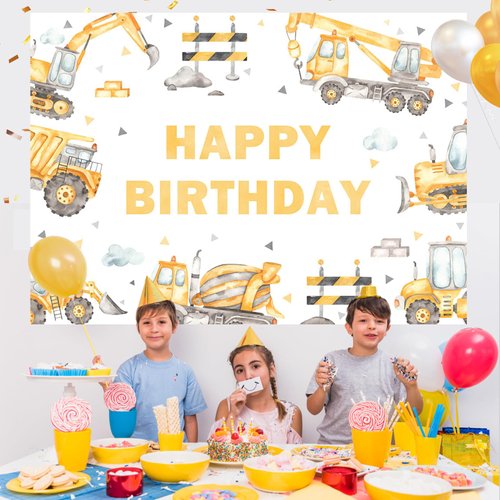 Mocsicka Construction Birthday Backdrop 7x5ft Dump Truck Excavator Crane Birthday Party Banner Digger Excavator Truck Background Photography Studio Props Boy Kids Birthday Decorations