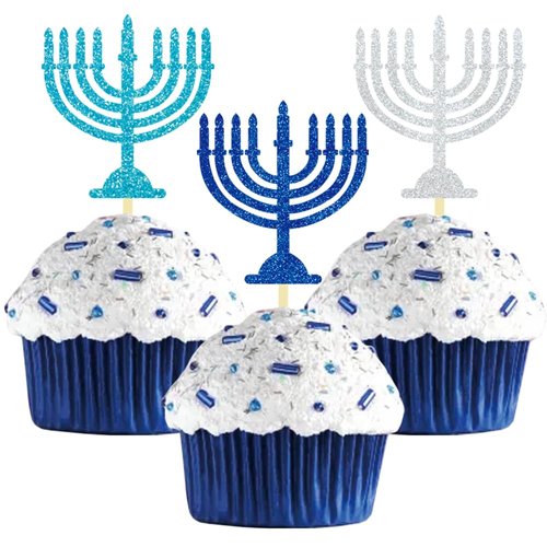 24Pcs Hanukkah Candlestick Cupcake Toppers, Glitter Blue Candlestick Decoration for Hanukkah Party Decorations Chanukkah Theme Party Supplies (candlestick)