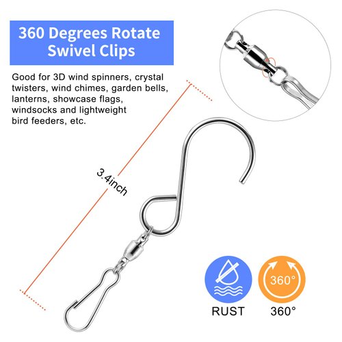 TecUnite 20 Pack Wind Spinner Swivel Hooks Clips for Hanging Wind Spinners Wind Chimes Crystal Twisters Garden Bells Party Supply