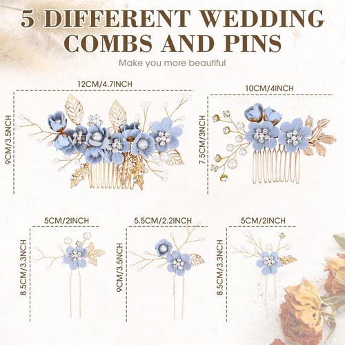 Yeshone 5 Pieces Wedding Hair Comb Bridal Hair Pins Crystal Pearl Hair Accessories Rhinestone Flower Hair Piece for Wedding Bride Women(Light Blue,Fresh Style)