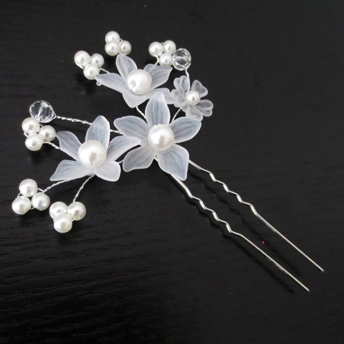 AKOAK 5 Pcs Bride Tiara Handmade Pearl Head Flower Hair Clip Fork Pearl Flower Braid Hair Disc U-Shaped Small Hairpin Head Accessories (White)