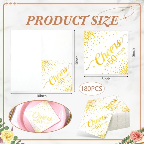 Geelin 180 Pieces Cheers Napkins Gold Cocktail Napkins Beverage Paper Napkins Disposable Bar Napkins for Wedding Reception Anniversary Birthday party Decorations, 5 x 5 Inch(50 Years)