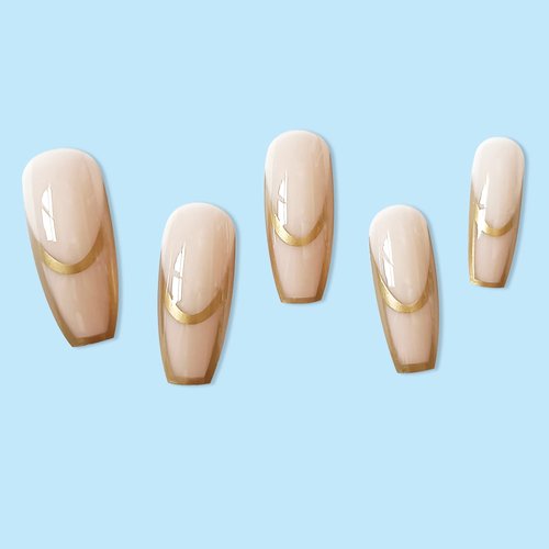 BABALAL Coffin Press on Nails Long French Tip Fake Nails Nude Glossy Glue on Nails 24Pcs Ballerina Golden Acrylic Nails with Design Stick on Nails
