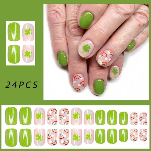 St Patricks Day Press on Nails Short Oval Fake Nails Shamrock Nails Glue on Green Clover False Nails with Rainbow Designs Nude Irish Fake Nails Acrylic Artificial Coffin Full Cover Nails for Women