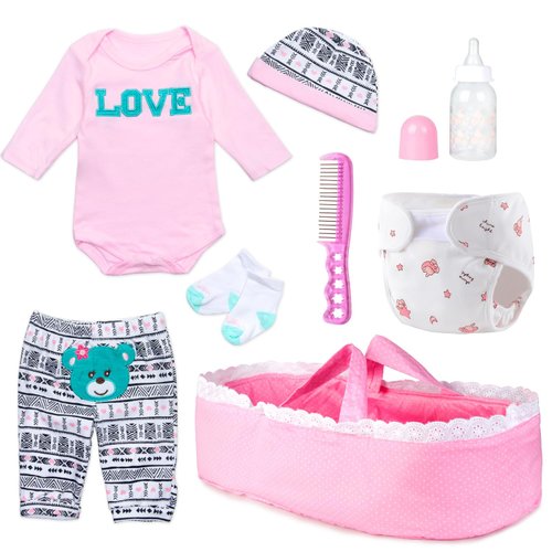 Reborn Baby Doll Clothes Girl Pink Outfits Accesories for 17-22 Inch Reborn Doll Newborn Baby Girl Accesories 8 Pcs Set with Bassinet&Diaper