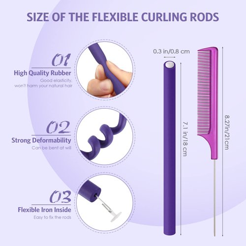 60 Pieces Flexi Rods Flexible Curling Rods Hair Curlers Rollers Twist Flexi Rods Hair Curlers Set No Heat Hair Rods Rollers Flexible Rods for Long Short Hair Women Girls (Purple, 0.3 x 7 Inch)