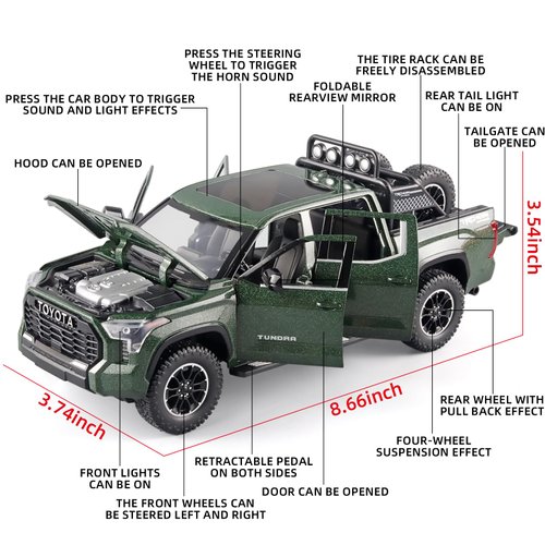 OANMYJJO Toy Trucks for Boys 1/24 Tundra Diecast Metal Model Toy Pickup Truck Pull Back Car Model with Light and Sound Toy Trucks for Boys Age 4-7(Green)