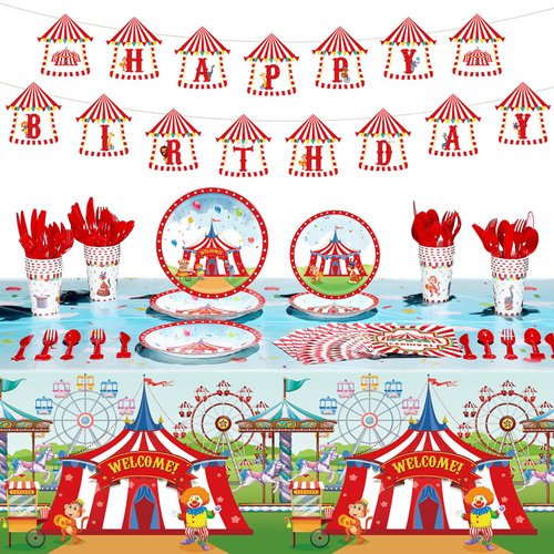172 Pcs Carnival Party Decorations Set Circus Carnival Party Supplies Circus Tableware Happy Birthday Banners Plates Cups Napkins Tablecloth for Kids Birthday Carnival Party Decorations Supplies