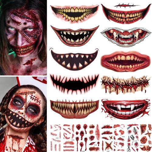 170+ PCS 30 Sheets Halloween Mouth Tattoos, Zombie Makeup Pumpkin Witch Sugar Skull Halloween Tattoos,Clown Horror Mouth Halloween Prank Face Tattoos
