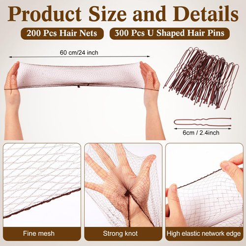 Daifunli 200 Pcs 24 Inch Hair Net Bulk for Women Hair Nets for Food Service Workers Brown Wig Nets and 300 Pcs U Shaped Hair Pins Hair Accessories Set for Ballet Dance Restaurant Food Service