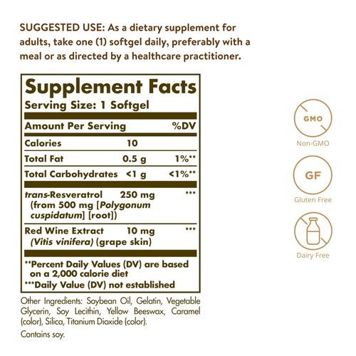 Solgar Resveratrol with Red Wine Extract, 250 mg, 60 Softgels - Antioxidant Protection - Immune Support - Red Wine Polyphenol - Non-GMO, Gluten Free, Dairy Free - 60 Servings