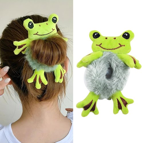 Plush Hair Tie, Cute Frog Hairband, Plush Hair Rope Scrunchies, Frog Ponytail Holder Headhand for Women Girls Hair Styling Tool (Green)