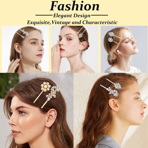 10PCS Crystal Hair Clips Vintage Rhinestone Hair Pin Metal Alloy Plume Bobby Pin Leafy Vine Hair Barrettes Stars Pearl Daisy Hair Accessories for Women Girls Brides