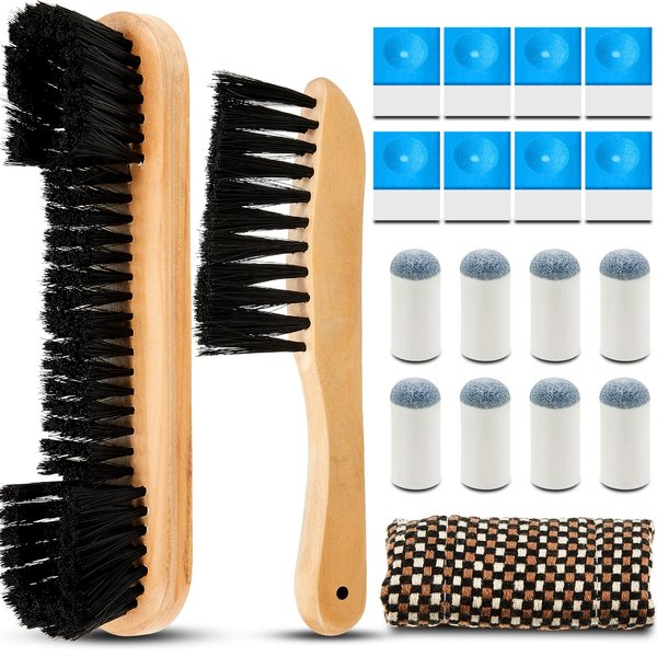 5 Set Billiards Pool Table Rail Brush Cleaning Tools Pool Table Brush Set with 8 Pool Cue Chalk Cubes Cloth 8 Slip on Pool Cue Tip for Wooden Kit of Billiard Accessories (Wood Color)