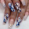 24Pcs Glossy Blue Press on Nails Square Medium Full Cover Artificial Fake Nails with Marble and Gold Line Designs Acrylic Coffin False Nails with Glue Stick on Nails for Women Girls