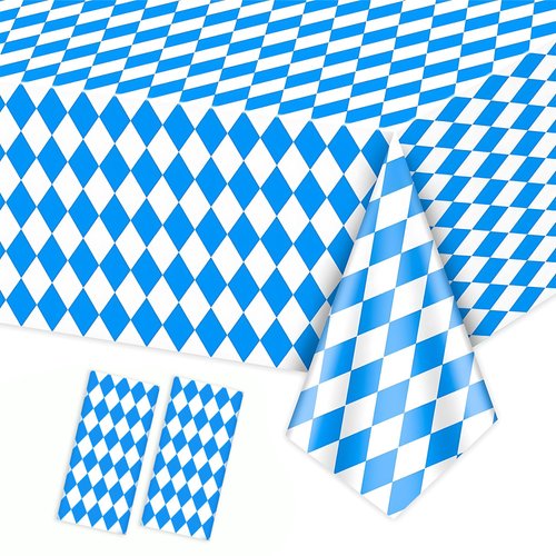 2 Pack Blue and White Checkered Tablecloths, Blue Plastic Tablecloth, Disposable Rectangle Table Cover for Birthday Party Decoration, Oktoberfest Beer Festival Party Favors Supplies (54 x 108 Inch)