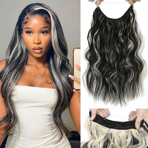 Invisible Wire Hair Extensions - 18 Inch Halo Hair Extension Long Wavy Synthetic Hairpiece with Transparent Wire Adjustable Size, 4 Secure Clips for Women (Wavy, 4/88#)