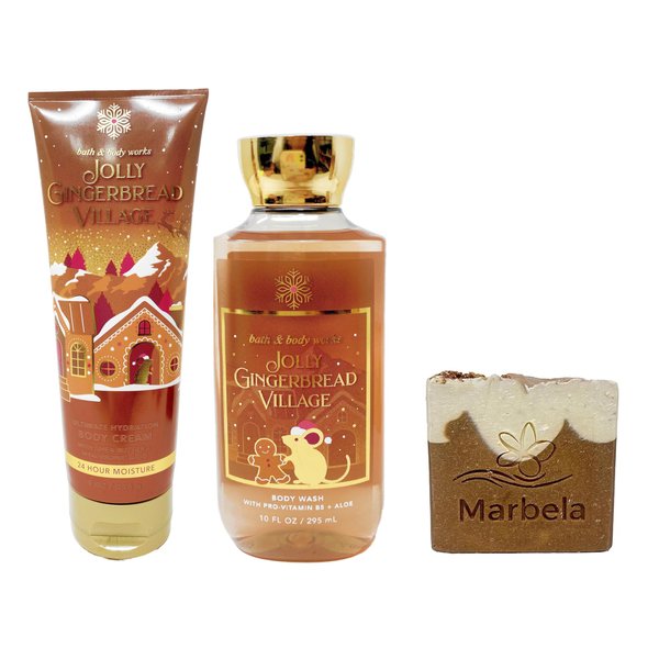 Bath & Body Works Jolly Gingerbread Village - Duo Gift Set - Body Cream and Body Wash with a Yamma Jamma Bar Soap, Full Size, brown