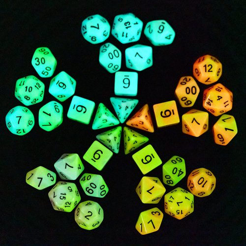 Poludie 5 Sets Glow in The Dark DND Dice, 35Pcs Luminous Polyhedral Dice Set with 1 Leather Dice Bag, Glowing D&D Dice for Dungeons and Dragons, RPG, MTG Table Games(5Sets/35Pcs Glowing Dice)