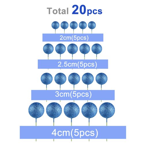 ASTARON 20 Pcs Ball Cake Topper Decorations Mini Balloons Cake Topper Sticks Blue Glitter Balls Cake Picks Cake Topper Balls Cake Decorations for Wedding Birthday Cake Decorations