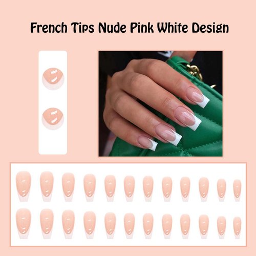 ANDGING Press on Nails Short Medium Coffin, French Tip for Women with Nude Pink White Design, Full Cover Glue on Nails, Reusable Nails Press on Stick on Nails for Christmas 24Pcs