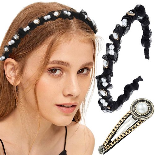 Firuilo Black Thin Headband Rhinestones Pearl Hairband with Crystal Hair Clip Lace Boho Head Band...