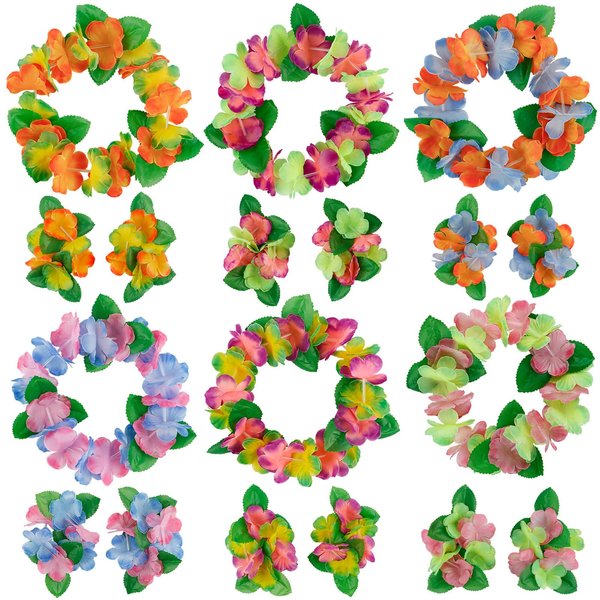 WLBON Hawaiian Headband Wristbands Hawaii Tropical Luau Women Leaf Flower Headpiece Hairband Hair Bands Bracelets Beach Summer Wedding Holiday Festival Birthday Dress Up Party Decorations Supplies