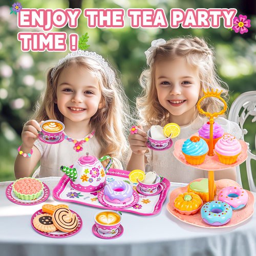 Hohosunlar Kids Tea Party Set for Little Girls, Flower Toy Tin Tea Set with Carry Case, Dessert Play Food Tea Cup Set Teapot Girl Jewelry, Birthday for Girls Kids 3 4 5 6 7 Years Old