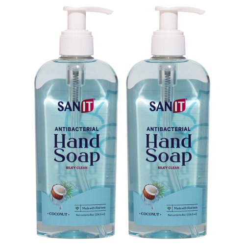 Sanit Silky Clean Antibacterial Liquid Gel Aromatic Hand Soap - Advanced Formula with Coconut Oil and Aloe Vera - Natural Moisturizing Hand Wash - Made in USA, Coconut, 8 oz, 2 Pack