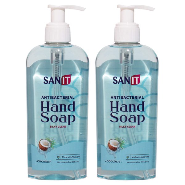 Sanit Silky Clean Antibacterial Liquid Gel Aromatic Hand Soap - Advanced Formula with Coconut Oil and Aloe Vera - Natural Moisturizing Hand Wash - Made in USA, Coconut, 8 oz, 2 Pack