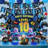 Video Game 10th Birthday Party Decorations Blue Black Happy Birthday Level 10 Banner Backdrop Honeycomb Centerpieces Hanging Swirls Tissue Paper Pompoms for Boy 10 Years Old Game Controller Supplies