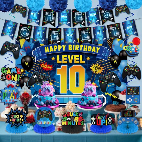 Video Game 10th Birthday Party Decorations Blue Black Happy Birthday Level 10 Banner Backdrop Honeycomb Centerpieces Hanging Swirls Tissue Paper Pompoms for Boy 10 Years Old Game Controller Supplies