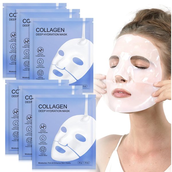 Deep Collagen Overnight Mask - 4ea Hydrating Overnight Hydrogel Mask, Anti-Wrinkle Lifting Facial Sheet Masks with low Molecular Weight Collagen for Elasticity Firming And Moisturizing (6 Sheets)