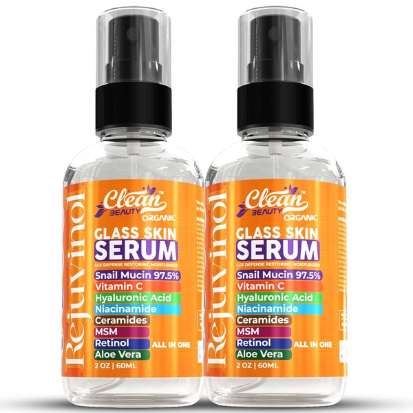 Snail Mucin Anti Aging Facial Serum with Vitamin C, Hyaluronic Acid, Niacinamide, Retinol, MSM, Aloe Vera & Ceramides - Moisturizing Glass Skin Serum for Radiant, Glowing Skin (Pack of 2, 2, Fl Oz)