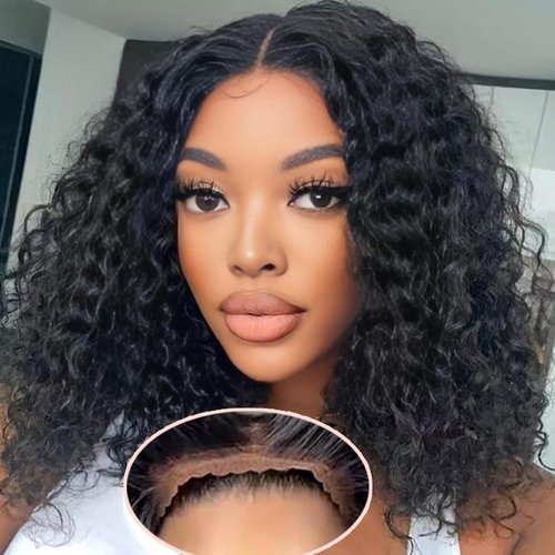 olimaruly Wear and Go Glueless Wigs Human Hair Pre Plucked Pre Cut Curly Bob Wigs Human Hair for Black Women 4x4 HD Lace Closure Deep Wave Glueless Wig Natural Black 12 Inch