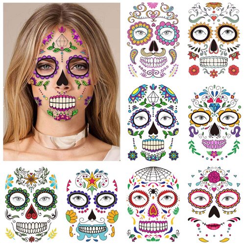 Konsait Halloween Temporary Face Tattoos (8Pack), Day of The Dead Sugar Skull Floral Black Skeleton Web Red Roses Full Face Mask Tattoo for Women Men Adult Kids Boys Halloween Party Favor Supplies