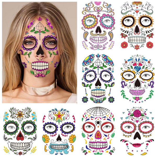 Konsait Halloween Temporary Face Tattoos (8Pack), Day of The Dead Sugar Skull Floral Black Skeleton Web Red Roses Full Face Mask Tattoo for Women Men Adult Kids Boys Halloween Party Favor Supplies