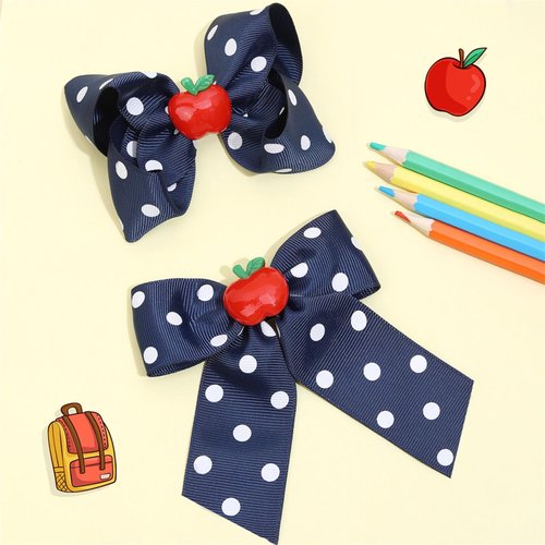 Back to School Hair Clips Cute Apple Dark Blue Bow Hair Clip for Girls White Wave Point Claw Clip Hair Accessories for Women Kids Claw Clips for Thick Thin Hair 2Pcs (Dark Blue)